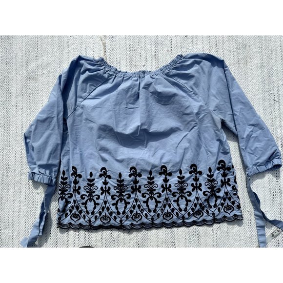 Time and Tru Shirt Large 12-14 Blue Embroidered Floral Ribbon Sleeve Boho Womens - Picture 7 of 10